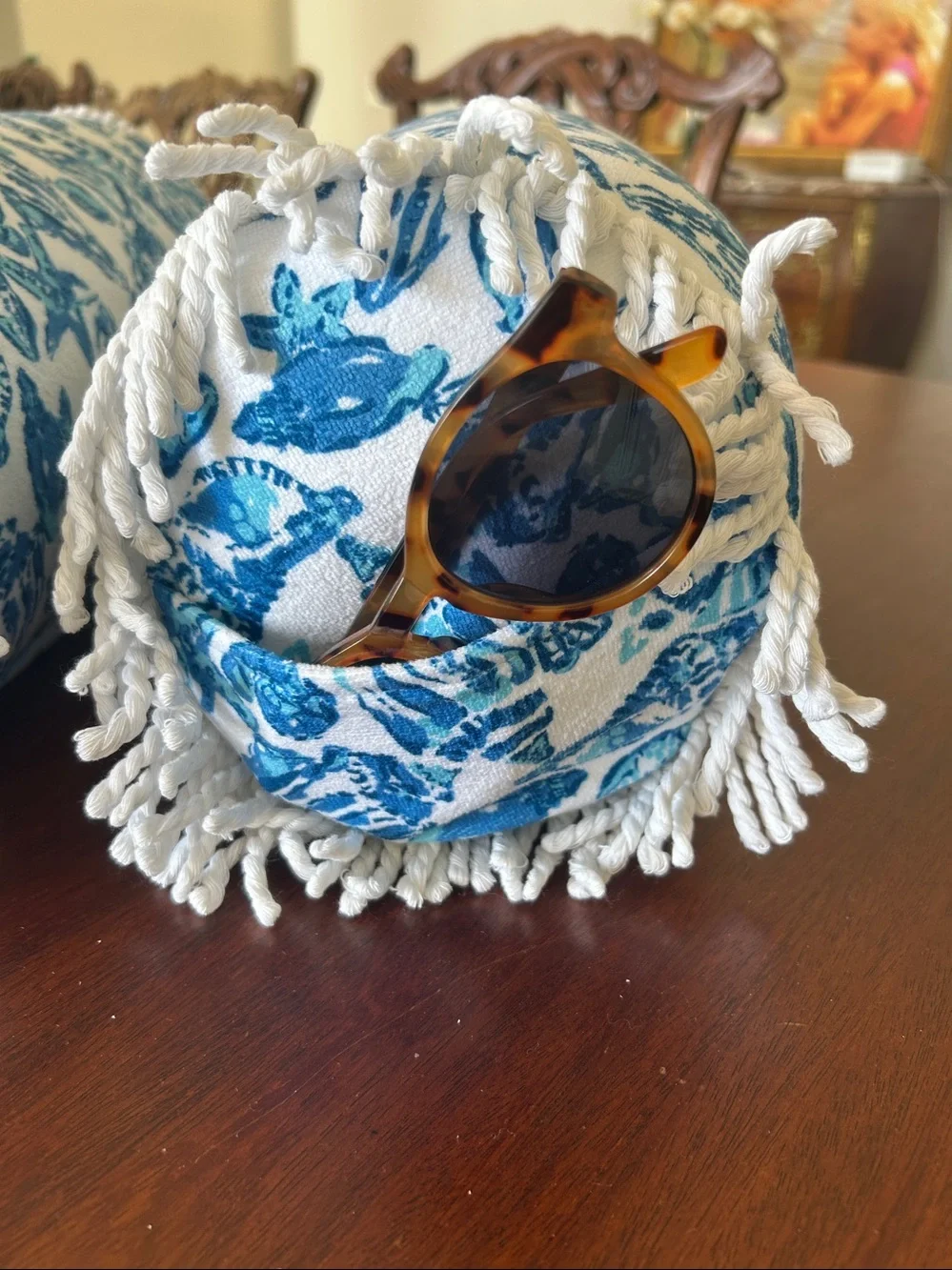 Lilly Pulitzer Blue Coastal Seashell Bolster Pillow Set of 2 Rope Fringe